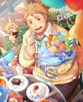  1boy blonde_hair bouquet brown_eyes brown_pants cake cherub cup cupid_(tokyo_houkago_summoners) feathered_wings flower food fork gozu_farm green_neckwear happy_birthday looking_at_viewer male_focus necktie pants shirt smile strawberry_shortcake tareme tennouji_shin&#039;ya tokyo_houkago_summoners upper_body white_shirt wings 