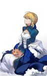  1girl ahoge artoria_pendragon_(fate) blonde_hair blue_cape blue_ribbon braid cape cape_removed commentary_request dress expressionless fate/grand_order fate_(series) french_braid from_side fur-trimmed_cape fur_trim green_eyes highres juliet_sleeves long_sleeves looking_up puffy_sleeves ribbon saber sitting solo white_background zeromomo 