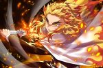  1boy black_jacket black_pants blonde_hair cape closed_mouth commentary_request ech eyebrows fire flaming_sword flaming_weapon forehead holding holding_sword holding_weapon jacket katana kimetsu_no_yaiba long_sleeves male_focus multicolored_hair pants red_hair rengoku_kyoujurou sheath solo sword two-handed two-tone_hair unsheathed v-shaped_eyebrows weapon white_cape yellow_eyes 