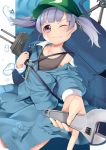  1girl ;q backpack bag bangs blue_shirt blue_skirt blunt_bangs blush collarbone collared_shirt commentary_request cosplay flat_cap flat_chest green_headwear green_ribbon grey_tank_top hair_ribbon hat highres holding holding_wrench kantai_collection kawashiro_nitori kawashiro_nitori_(cosplay) key long_sleeves looking_at_viewer off-shoulder_shirt off_shoulder one_eye_closed ooshio_(kantai_collection) pocket purple_eyes purple_hair ribbon shirt short_hair short_twintails sidelocks single_bare_shoulder skirt skirt_set smile solo standing tank_top tongue tongue_out touhou turret twintails water_drop white_background wrench yasume_yukito 