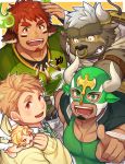  4boys animal_ears asterios_(tokyo_houkago_summoners) bara blonde_hair blush brown_eyes brown_hair cherub chest cow_boy cow_ears cupid_(tokyo_houkago_summoners) facial_hair feathered_wings forked_eyebrows furry glowing_horns goatee gozu_farm green_neckwear hand_up horns jacket jacket_on_shoulders looking_at_viewer male_focus mask multiple_boys muscle nose_piercing piercing pointing pointing_at_viewer rugby_uniform short_hair sideburns sportswear sweatdrop tareme tennouji_shin&#039;ya thick_eyebrows thick_thighs thighs tokyo_houkago_summoners wakan_tanka wings 