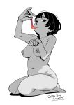  1girl bangs black_eyes black_hair breasts dated eating greyscale highres hounori kneeling looking_at_viewer medium_breasts monochrome navel nipples nude original short_hair signature simple_background solo spot_color white_background 