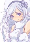  1girl aila_jyrkiainen blue_eyes breasts close-up flower gundam gundam_build_fighters hair_flower hair_ornament hat hea-san long_hair looking_to_the_side medium_breasts scarf silver_hair solo 