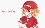  1girl blonde_hair breasts cabbie_hat closed_mouth green_eyes hat jacket long_hair looking_at_viewer red_headwear rockman rockman_dash roll_caskett simple_background smile solo white_background 