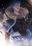  1boy abs armor belt blue_hair capelet collarbone cu_chulainn_(fate)_(all) cu_chulainn_(fate/grand_order) earrings embers fate/grand_order fate_(series) fire fur fur-trimmed_capelet fur_trim greaves highres jakojakojako jewelry long_hair male_focus muscle pauldrons red_eyes ring shoulder_armor skin_tight solo spiked_hair type-moon 