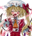  1girl ^_^ ascot blonde_hair blood blood_on_face bloody_clothes bloody_hands blush closed_eyes crystal fangs flandre_scarlet frilled_cuffs frilled_shirt_collar frills hat hat_ribbon highres mob_cap open_mouth puffy_short_sleeves puffy_sleeves red_nails red_ribbon red_vest ribbon short_hair short_sleeves side_ponytail smile solo the_embodiment_of_scarlet_devil touhou vest wabun white_background wings wrist_cuffs yellow_neckwear 