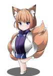  1girl alternate_eye_color alternate_hair_color animal_ear_fluff animal_ears bangs blue_eyes brown_hair chibi dress eyebrows_visible_through_hair folded_leg fox_ears fox_tail hands_in_opposite_sleeves highres looking_at_viewer multiple_tails no_headwear shadow short_dress short_hair simple_background slit_pupils smile solo standing standing_on_one_leg sunaguma tabard tail touhou white_background white_dress white_footwear yakumo_ran younger 