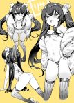  1girl all_fours ass bikini blush bow breasts front-tie_bikini front-tie_top fur_trim greyscale hair_between_eyes hair_bow idolmaster idolmaster_cinderella_girls jacket long_hair looking_at_viewer matoba_risa monochrome multiple_views mushi024 navel off_shoulder open_clothes open_jacket pigeon-toed sidelocks simple_background small_breasts solo_focus standing string_bikini striped swimsuit thighhighs twintails vertical-striped_bikini vertical_stripes very_long_hair yellow_background 