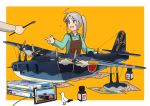  1girl ahoge aircraft airplane akitsushima_(kantai_collection) alternate_color apron bird border brown_apron collared_shirt commentary dress_shirt flying_boat green_shirt h8k holding kantai_collection long_hair long_sleeves model_airplane model_kit newspaper nishikitaitei-chan open_mouth orange_background outside_border paintbrush purple_eyes seagull seaplane shirt side_ponytail sidelocks silver_hair simple_background tablet_pc taigei_(jmsdf) tamiya_incorporated timmyyen white_border 