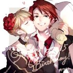  1boy 1girl beatrice_(umineko) black_neckwear blonde_hair blue_eyes braid braided_bun cheek_kiss choker collarbone dress earrings flower formal frilled_choker frilled_dress frills hair_flower hair_ornament highres jewelry kiss red_hair sofy suit umineko_no_naku_koro_ni ushiromiya_battler 