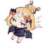  1girl abigail_williams_(fate/grand_order) bangs black_bow black_jacket blonde_hair blue_eyes blush_stickers bow chibi colored_shadow crossed_bandaids drop_shadow fate/grand_order fate_(series) full_body hair_bow hair_bun heroic_spirit_traveling_outfit highres jacket lightning_bolt long_sleeves looking_at_viewer open_mouth orange_bow parted_bangs shadow signature simple_background sleeves_past_fingers sleeves_past_wrists sofra solo twitter_username white_background 