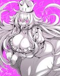  1girl :d breasts cleavage dress eyebrows_visible_through_hair frills gloves highres long_hair looking_at_viewer luigi&#039;s_mansion open_mouth princess_king_boo purple_background purple_eyes sharp_teeth simple_background smile solo super_crown takatsuki_ichi teeth tongue tongue_out very_long_hair 