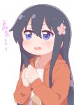  1girl black_hair blue_eyes blush casual character_print child clenched_hands commentary_request eyebrows_visible_through_hair hair_between_eyes hatafuta higero_(wataten) hood hoodie long_hair looking_to_the_side open_clothes open_hoodie open_mouth orange_hoodie own_hands_together print_shirt shirosaki_hana shirt simple_background solo sweatdrop upper_body very_long_hair watashi_ni_tenshi_ga_maiorita! wavy_mouth white_background white_shirt 