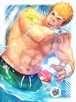  1boy abs bandaged_arm bandages bandaid bandaid_on_nose bara bare_chest blonde_hair blush brown_hair bulge chest cowboy_shot gozu_farm male_focus male_swimwear manly multicolored_hair muscle navel nipples older ooki_ikutoshi pectorals see-through short_hair sideburns solo swim_trunks swimwear tokyo_houkago_summoners tongue tongue_out two-tone_hair water yellow_eyes 