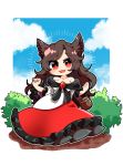  1girl animal_ears bare_shoulders basket blush_stickers brooch brown_hair chibi cloud commentary day dress full_body hands_up highres imaizumi_kagerou jewelry long_hair looking_at_viewer off-shoulder_shirt off_shoulder open_mouth outdoors red_dress red_eyes shirt smile solo surigoma touhou white_shirt wolf_ears 