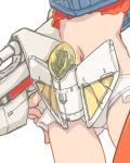  1boy 1girl close-up cosplay cropped gundam hea-san loran_cehack mecha_musume midriff miniboy navel sitting sochie_heim turn_a_gundam turn_a_gundam_(mobile_suit) turn_a_gundam_(mobile_suit)_(cosplay) 