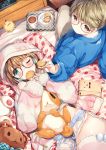  1boy 1girl bed bed_sheet blue_eyes blush brown_eyes brown_hair eating food food_print glasses highres holding holding_food loungewear lying marshmallow on_back on_bed one_eye_closed original s&#039;more shimesaba_kohada sleeping strawberry_print stuffed_animal stuffed_toy teddy_bear white_day 