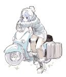  1girl air_qh bangs beanie blue_hair boots coat ground_vehicle hat highres jitome motor_vehicle pants scarf scooter shima_rin short_hair striped striped_scarf white_background winter_clothes yurucamp 