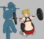  1girl alternate_costume black_sports_bra blonde_hair braid english_commentary exercise fate/apocrypha fate/grand_order fate_(series) french_braid grey_background hirundo_rustica horizontal_bar long_hair looking_at_viewer mordred_(fate) mordred_(fate)_(all) multiple_views shoes sneakers sports_bra squatting weightlifting 