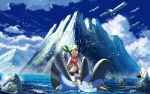  1girl bike_shorts bird black_legwear brown_hair cloud commentary_request day gen_3_pokemon gloves green_bandana long_hair looking_to_the_side may_(pokemon) outdoors pokemon pokemon_(creature) pokemon_(game) pokemon_emerald pokemon_rse riding_pokemon rowdon sky sleeveless socks swampert water wingull wristband 