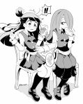  2girls blush bread eating food greyscale hair_over_one_eye holding jar kagari_atsuko little_witch_academia long_hair long_skirt luna_nova_school_uniform monochrome multiple_girls poking ponytail school_uniform skirt sucy_manbavaran tama_(tm_suac) white_background 