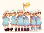  6+girls :d :o arm_up baseball_cap benzbt black_footwear blue_shirt brown_eyes brown_hair child clenched_hand flag hair_between_eyes hat hataraku_saibou holding holding_flag long_hair multiple_girls open_mouth oversized_clothes oversized_shirt platelet_(hataraku_saibou) ponytail shirt short_hair shorts simple_background smile striped striped_legwear t-shirt white_background white_footwear 