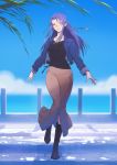  1girl absurdres alternate_costume blue_jacket boots braid caster casual cloud commission fate/grand_order fate_(series) highres horizon jacket long_hair looking_at_viewer palm_tree pier pointy_ears purple_eyes purple_hair second-party_source side_braid skirt solkorra stairs standing standing_on_one_leg tree 