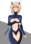  1girl absurdres alternate_costume arm_under_breasts artist_name artoria_pendragon_(all) artoria_pendragon_(lancer_alter) blonde_hair blush breasts cleavage dated fate/grand_order fate_(series) grey_background hair_between_eyes highres horns large_breasts looking_at_viewer navel short_hair smile solo striped striped_background thighs turtleneck white_background yellow_eyes zealyush 