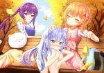  3girls absurdres autumn bag bell bench blazer blue_eyes blue_hair blush bunny closed_eyes cloud commentary cross_hair_ornament day dress falling_leaves flower ginkgo gochuumon_wa_usagi_desu_ka? hair_flower hair_ornament hairclip hiaoba highres hoto_cocoa jacket kafuu_chino lap_pillow leaf long_hair medium_hair multiple_girls orange_hair outdoors petting purple_eyes purple_hair shopping_bag sitting_on_bench sky smile tedeza_rize tippy_(gochiusa) twintails yuri 