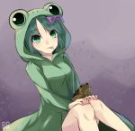  1girl animal animal_hood animal_on_lap artist_name bangs black_souls closed_mouth eyebrows_visible_through_hair eyes_visible_through_hair frog frog_hood frog_princess_(black_souls) green_eyes green_hair hands_on_own_knees highres hood hood_up parted_bangs pupa_jiang short_hair sitting smile tongue tongue_out 