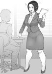  1boy 1girl anger_vein angry chair desk fingernails flying_sweatdrops greyscale high_heels holding holding_paper indoors looking_at_another monochrome neone office_lady open_mouth original paper short_hair sitting standing sweat sweatdrop teeth tongue upper_teeth window 