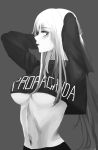  1girl absurdres ak-12_(girls_frontline) black_shirt blush breasts closed_mouth eyebrows_visible_through_hair girls_frontline grey_background hand_on_head highres kanoe_(kanoe502) lips long_hair looking_at_viewer medium_breasts monochrome navel print_shirt shirt silver_hair solo stomach underboob 