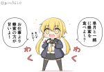  1girl armband black_jacket black_legwear blonde_hair chibi commentary_request crescent crescent_moon_pin cup full_body goma_(yoku_yatta_hou_jane) jacket kantai_collection long_hair low_twintails neckerchief open_mouth remodel_(kantai_collection) satsuki_(kantai_collection) school_uniform serafuku simple_background solo spoon standing thighhighs translation_request twintails twitter_username wavy_mouth white_background yellow_eyes yellow_neckwear 