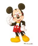  2020 4_fingers anthro black_nose black_tie_(suit) bottomwear bow_tie clothed clothing disney eyewear fingers footwear glasses gloves handwear hi_res kurokuma824 looking_at_viewer male mammal mickey_mouse mouse murid murine open_mouth open_smile rodent round_ears shoes shorts simple_background smile solo suit white_background white_clothing white_gloves 