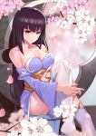  1girl bare_shoulders black_hair breasts brown_eyes cleavage closed_mouth collarbone copyright_request eyebrows_visible_through_hair highres leg_hug lips long_hair looking_at_viewer medium_breasts original sitting solo thighhighs thighs white_legwear wolfnathan 