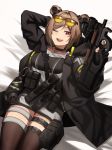  1girl black_choker black_gloves black_jacket black_legwear breasts brown_hair bullpup cero_(last2stage) choker double_bun eyebrows_visible_through_hair eyewear_on_head gas_mask girls_frontline gloves gun hand_on_head highres holding holding_gun holding_weapon jacket looking_at_viewer lying medium_hair on_back one_eye_closed open_mouth p90 p90_(girls_frontline) red_eyes smile solo submachine_gun thighhighs weapon 