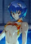  1girl areolae ayanami_rei bangs blue_hair breasts dripping indoors interface_headset looking_at_viewer navel neon_genesis_evangelion one-piece_swimsuit optionaltypo red_eyes short_hair small_breasts solo swimsuit wet zipper_pull_tab 