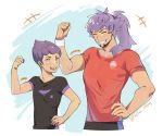  2boys absurdres artist_name brothers closed_eyes collarbone commentary_request eyelashes facial_hair flexing hair_over_shoulder hand_on_hip highres hop_(pokemon) leon_(pokemon) long_hair multiple_boys open_mouth pokefan_cheng pokemon pokemon_(game) pokemon_swsh pose purple_hair red_shirt shirt short_hair short_sleeves siblings smile teeth tongue watermark yellow_eyes 