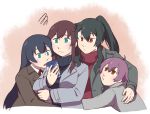  4girls agano_(kantai_collection) alternate_costume arm_around_waist betchan black_hair blue_eyes blush breasts brown_eyes brown_hair cellphone coat green_eyes hug jacket kantai_collection long_hair multiple_girls noshiro_(kantai_collection) open_mouth phone ponytail purple_hair raised_eyebrows red_eyes red_ribbon ribbon sakawa_(kantai_collection) short_hair sidelocks sweatdrop sweater turtleneck turtleneck_sweater yahagi_(kantai_collection) 