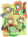  1boy :d blonde_hair blue_eyes bottle cape dragon_quest dragon_quest_ii fantasy gloves goggles goggles_on_headwear open_mouth orange_hair prince_of_samantoria rapier shield simple_background smile sword translated weapon yuza 