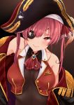  1girl bangs bare_shoulders blush bodystocking breasts hat heterochromia highres hololive houshou_marine large_breasts long_hair looking_at_viewer open_mouth pirate_costume red_eyes red_hair roriwanko smile solo twintails unbuttoned virtual_youtuber yellow_eyes 