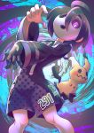  1boy absurdres ahoge allister_(pokemon) black_hair collared_shirt commentary_request gen_7_pokemon gloves glowing glowing_eyes gym_leader highres long_sleeves looking_at_viewer mask mimikyu mushiki_k number pokemon pokemon_(creature) pokemon_(game) pokemon_swsh purple_eyes shirt shorts side_slit side_slit_shorts single_glove suspender_shorts suspenders 
