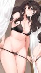  1girl absurdres black_bra black_panties bra breasts copyright_request fate/stay_night fate_(series) highres knatb looking_at_viewer mirror panties panty_pull solo standing stomach thighs tohsaka_rin underwear undressing 