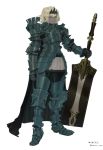  1girl armor black_cape blonde_hair breastplate cape closed_eyes dark_skin gauntlets gradient gradient_background greaves highres holding holding_sword holding_weapon huge_weapon knight looking_at_viewer nanora original pauldrons short_hair shoulder_armor signature standing sword vambraces weapon 