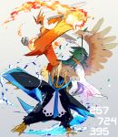  blaziken blue_eyes claws closed_mouth commentary_request decidueye empoleon fire gen_3_pokemon gen_4_pokemon gen_7_pokemon grey_background highres leaf number open_mouth pokemon pokemon_(creature) standing tongue water yellow_sclera ytot_335 