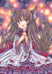  1girl :d animal_ear_fluff animal_ears blush brown_hair dress eyebrows_visible_through_hair frilled_dress frills hair_between_eyes imaizumi_kagerou long_sleeves looking_at_viewer marker_(medium) nail_polish open_mouth purple_background red_eyes red_nails red_ribbon ribbon ribbon-trimmed_dress rui_(sugar3) sample smile solo tail touhou traditional_media white_dress wide_sleeves wolf_ears wolf_tail 