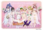  6+girls akatsuki_kirika bangs black_hair blonde_hair blue_hair blush bouquet breasts bridal_lingerie bridal_veil closed_mouth eyebrows_visible_through_hair flower full_body gloves hair_ornament kazanari_tsubasa large_breasts lingerie logo long_hair maria_cadenzavna_eve medium_breasts medium_hair multiple_girls open_mouth orange_hair panties pink_background pink_hair senki_zesshou_symphogear senki_zesshou_symphogear_xv shoes short_hair small_breasts tachibana_hibiki_(symphogear) tsukuyomi_shirabe underboob underwear veil white_gloves white_hair white_legwear white_panties yukine_chris 