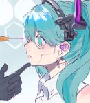  1girl android aqua_eyes aqua_hair bare_shoulders black_gloves cable curious finger_to_another&#039;s_chin finger_to_chin gloves hatsune_miku headset heremia highres joints looking_at_another maintenance mechanical_parts pale_skin parted_lips profile robot_joints shirt sketch sleeveless sleeveless_shirt solo_focus syringe twintails vocaloid 