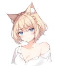  1girl animal_ear_fluff animal_ears ayuanlv bare_shoulders blonde_hair blue_eyes braid breasts cat_ears cleavage collarbone collared_shirt cropped_torso french_braid looking_at_viewer medium_breasts mole mole_under_eye off_shoulder original profile shirt short_hair simple_background smile solo white_background white_shirt 