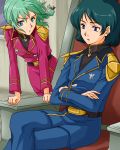  1boy 1girl aqua_hair belt blue_eyes blue_hair braid char&#039;s_counterattack crossed_arms gundam kamille_bidan military military_uniform pout quess_paraya short_hair sitting uniform watari_(inga_ouhou) what_if 